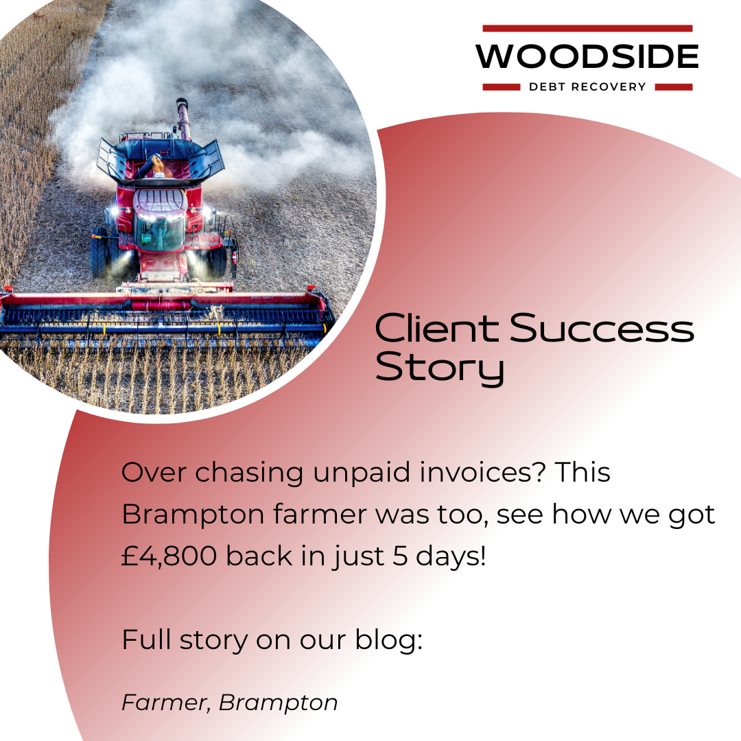 Frustrated farmer at a desk surrounded by unpaid invoices, representing long-overdue debts and the need for professional debt recovery by Woodside Debt Recovery.